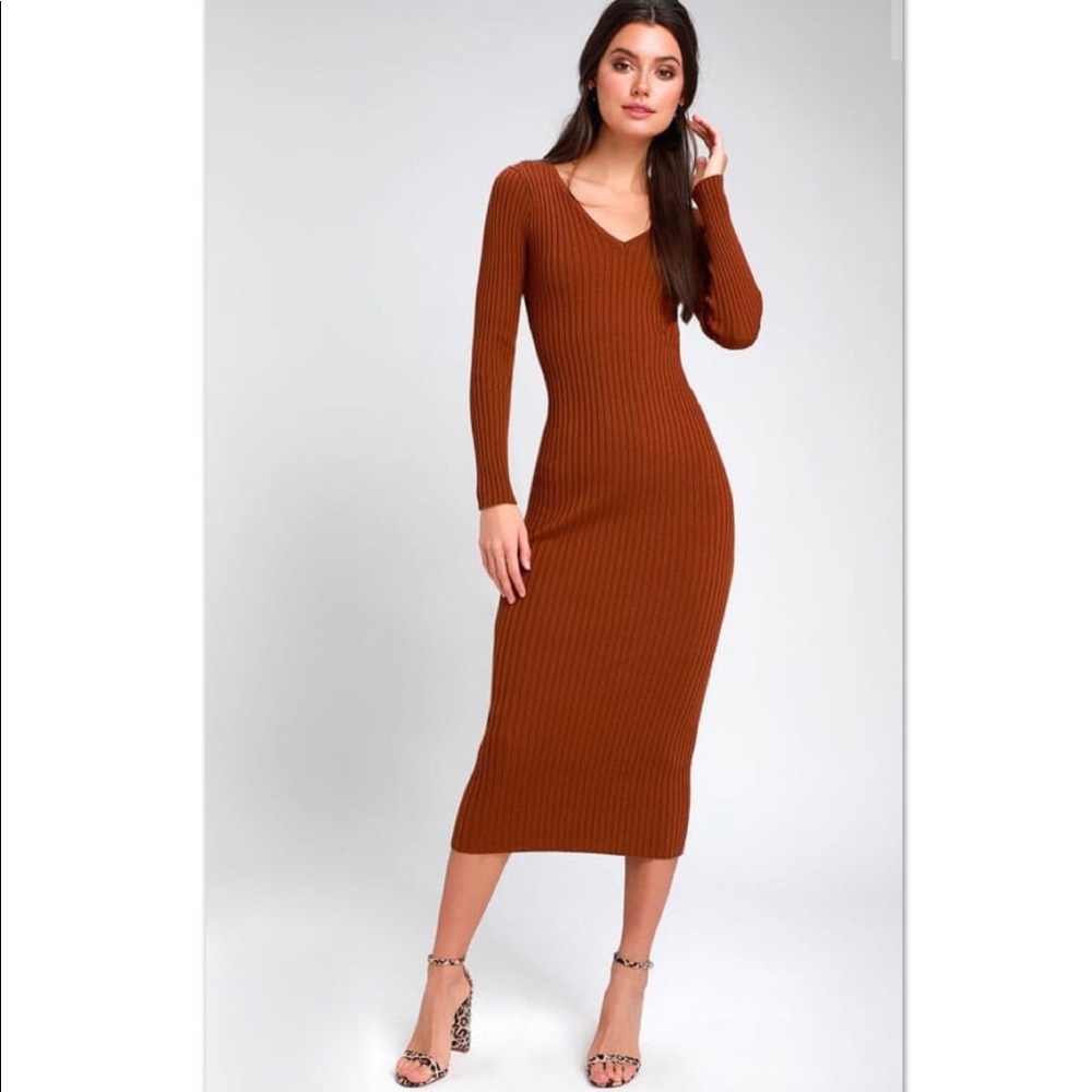 Brown Ribbed Bodycon Midi Dress